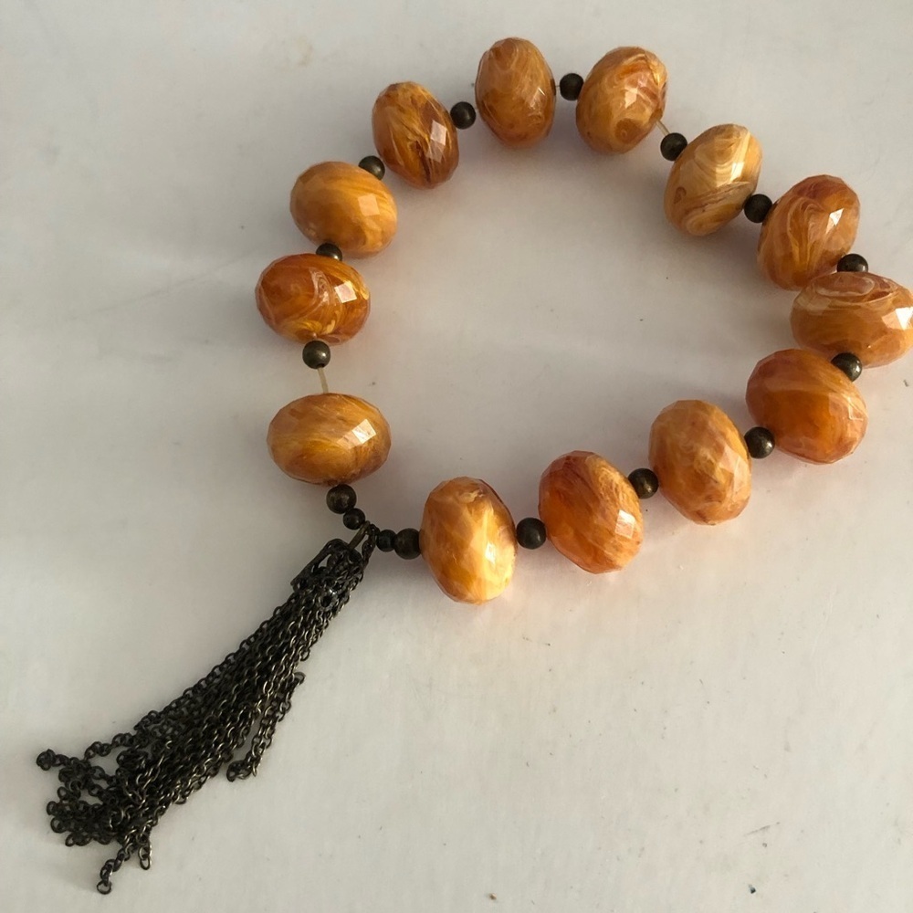 Vintage Beaded Bracelet with Tassel. Butterscotch like beads